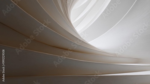Close-up of a curved, abstract design. the design is made up of multiple layers of white fabric, creating a wave-like pattern. the fabric appears to be soft and smooth, with a subtle texture.