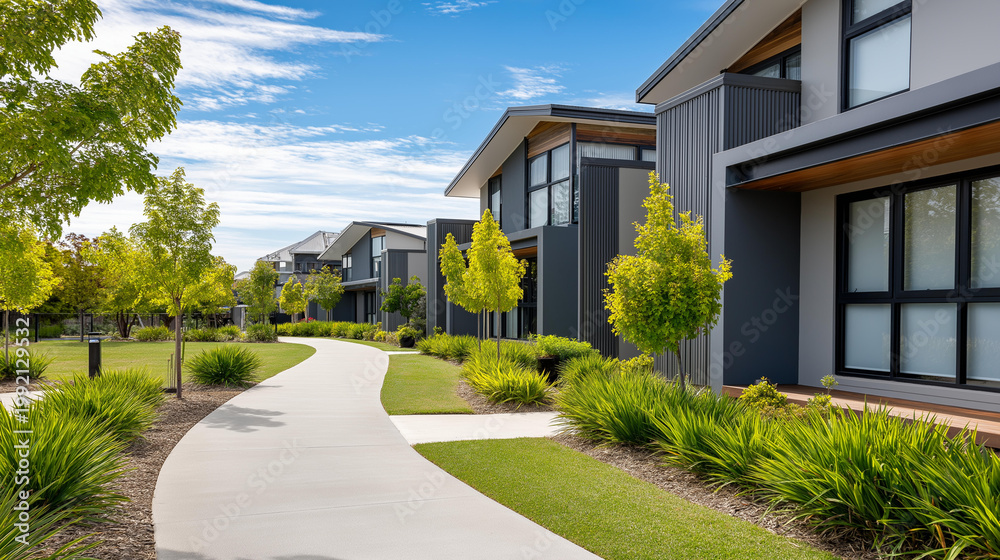 Obraz premium Two modern suburban houses connected by a curved pathway in a serene neighborhood, property exchange and real estate investment concept, with copy space