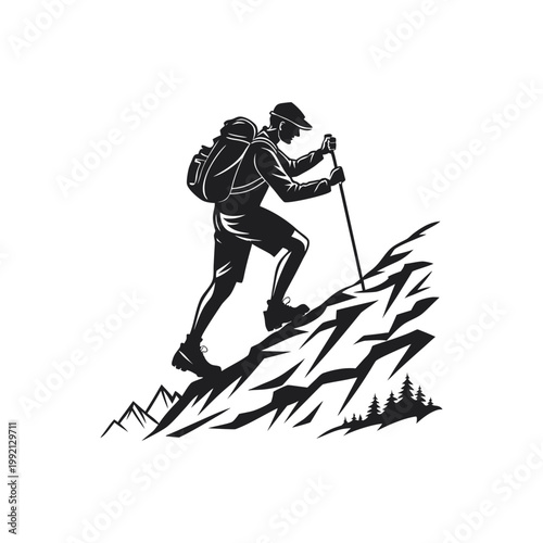 Black silhouette of mountain climber using trekking poles on rugged terrain, outdoor hiking concept isolated on white background