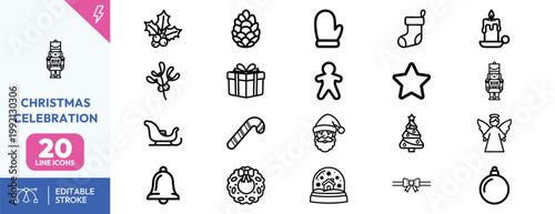 A collection of twenty minimalist black line icons representing traditional Christmas holiday celebration symbols