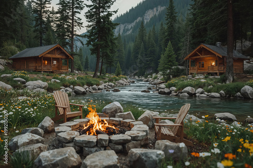 Cozy riverside cabins with campfire surrounded by forest mountains and flowing river landscape