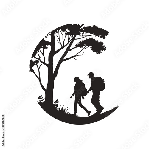 Black silhouette of couple hiking together with backpacks, minimalist outdoor travel and nature concept isolated on white background