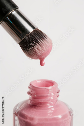 Macro nail polish brush with soft pink drop forming on clean white background