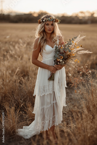 Boho bride in lace dress standing barefoot in golden field at sunset
