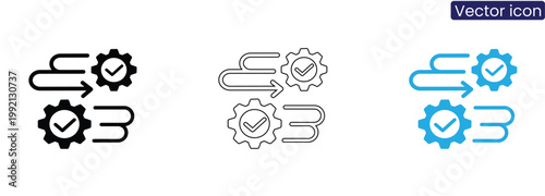 Vector icons of gear settings with check mark and arrow on white background