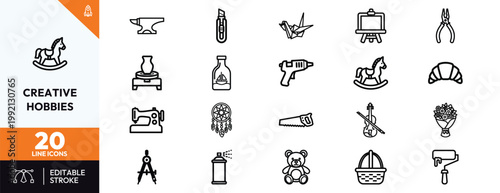 Minimalist black line set depicting diverse creative pastimes including pottery woodworking sewing and artistic crafts