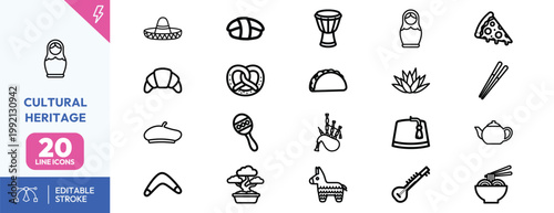 Comprehensive set of cultural heritage icons representing traditional food and musical instruments from the globe