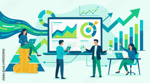 Business team analyzing financial data, growth strategies, and market trends
