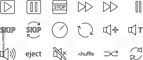 Media player icons, playback controls, audio symbols, vector set of 16