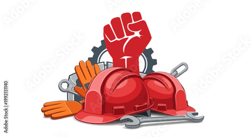 A strong red illustrated fist symbol of protest and power is superimposed over industry tools like hard hats and wrenches