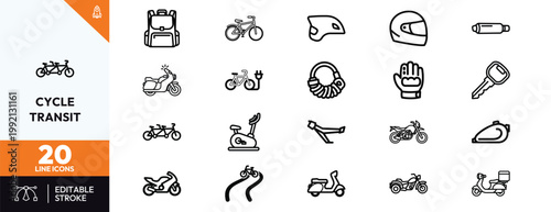 Comprehensive collection of minimalist outline icons representing personal transportation modes and urban cycling safety accessories