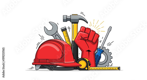 Red hard hat fist wrench hammer measuring tape screwdriver and gear represent construction and labor power illustration