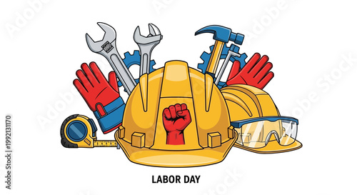 Colorful labor day vector illustration showcasing a yellow construction helmet with a red fist symbol surrounded by essential industrial tools and safety equipment for workers
