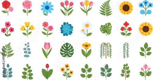 Collection of assorted colorful flowers and green leaves isolated on white background flat
