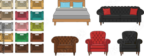 Classic Furniture Vector Set with Chesterfield Sofa Armchairs Bed and Wooden Crates Vintage Interior Illustration Collection