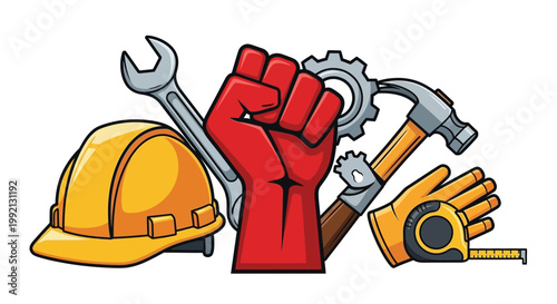 A powerful vector graphic illustration symbolizing labor, industry, and the essential tools of the working class.