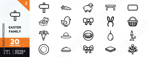 Minimalist thin line icon set for Easter holiday season featuring animals food and decorative elements