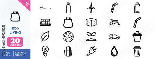 Collection of minimalist line icons representing sustainable living eco friendly habits and green energy solutions