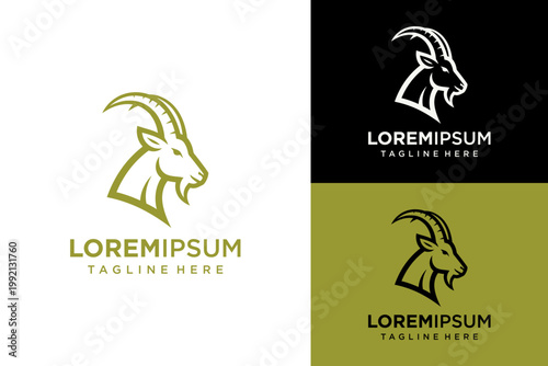 A stylized goat head logo appears on three different colored backgrounds with the text Loremipsum.