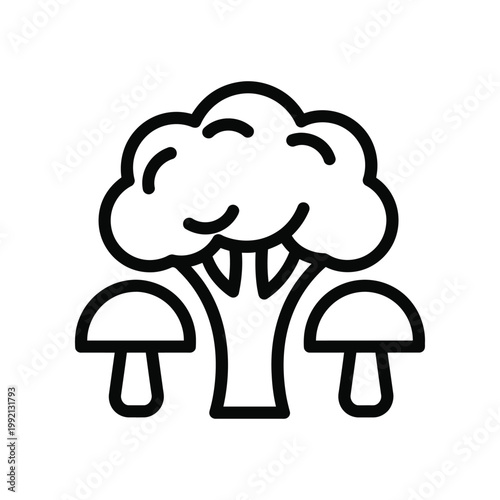 Stylized broccoli floret icon accompanied by two mushrooms in clean line art style for vegan diet and organic food industry digital design assets isolated on white background