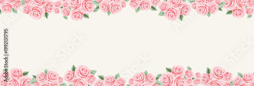 Pink Rose Wedding Frame Banner on Cream Background Romantic Floral Border Design