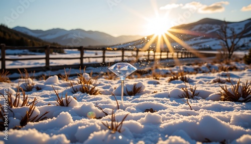 The image depicts a snowy landscape during sunrise or sunset, with the sun low on the horizon casting warm, golden light across the scene