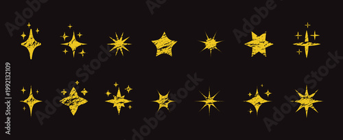 A set clip art of hand-drawn stars with a pencil and chalk texture. Twinkle star shapes vector design. Vector space illustration.