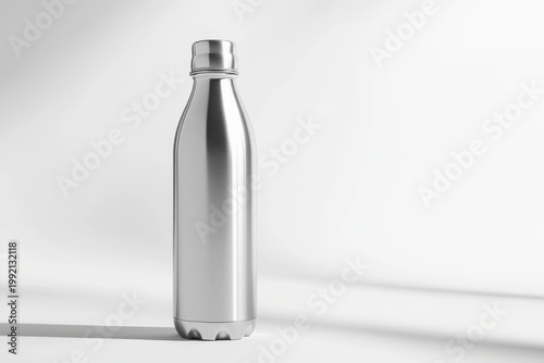 Stainless steel bottle standing on a plain white surface