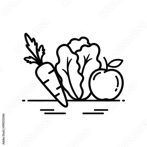 Clean line art illustration featuring a fresh carrot leafy lettuce and a crisp apple for healthy food and balanced diet concepts isolated on white background for nutrition and lifestyle design