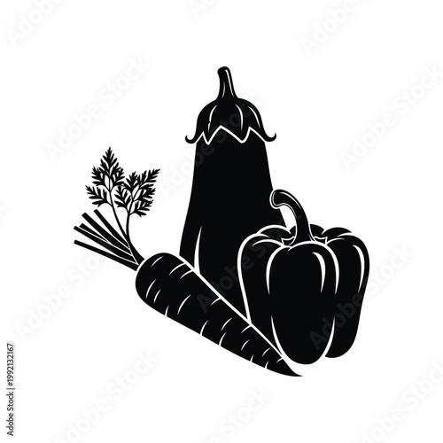 Solid black silhouette graphic of fresh harvest vegetables including a carrot an eggplant and a bell pepper for organic farm food concepts isolated on white background for professional print design