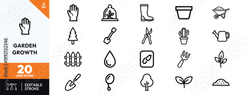 Collection of minimalist outline icons for gardening landscaping plant cultivation and outdoor backyard maintenance activities.