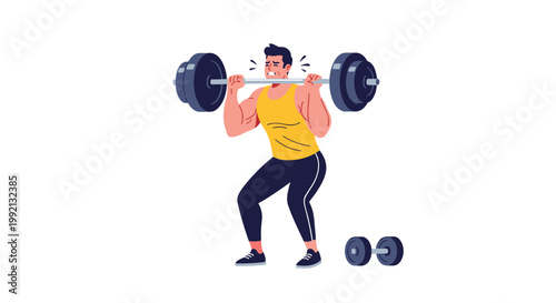 A muscular male athlete wearing a bright yellow tank top exerts intense effort while lifting a heavy black barbell against a clean white background.