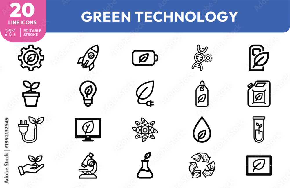 Naklejka premium A collection of twenty linear style icons representing environmental sustainability and modern green technology solutions.