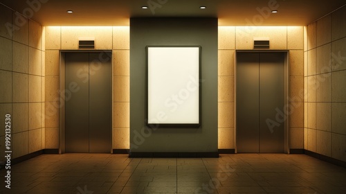 premium Modern minimalist elevator lobby interior with blank poster background