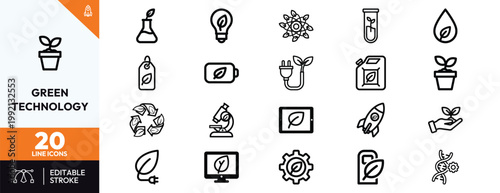 Set of twenty professional line icons representing sustainable green energy and environmental technology solutions.
