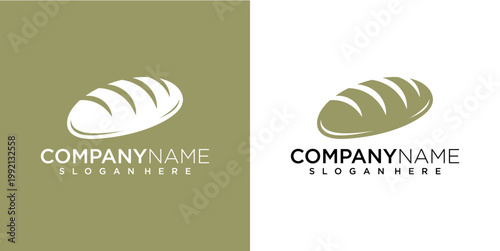 A logo design featuring a bread loaf on a green background with company name and slogan