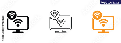 Vector icons of computer with WiFi signal on white background in black, Line art, And orange