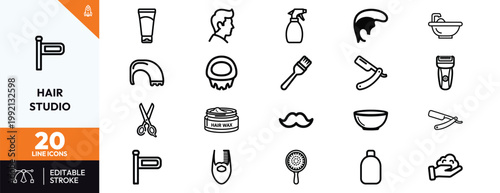 Comprehensive collection of twenty professional barber shop and hair studio icons for grooming and styling