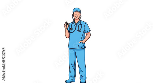 Professional Male Nurse in Blue Scrubs Standing Vector Illustration