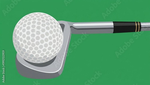 Golf ball resting on a putter on green background