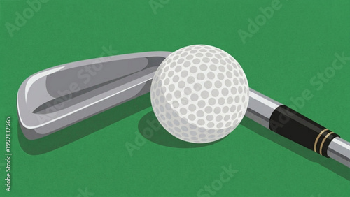 Golf ball and iron club on green grass