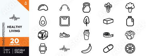 Minimalist black line icon set representing healthy living fitness nutrition wellness and active lifestyle habits