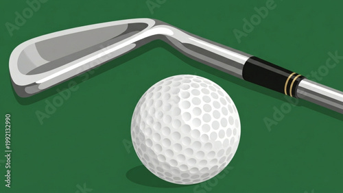 Golf ball and iron club on green background