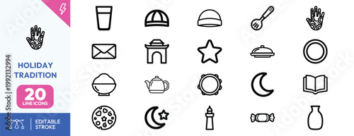 Minimalist line icons representing traditional religious cultural elements for various holiday festivals and celebration events