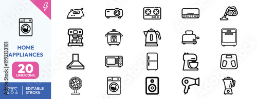 Collection of minimalist line icons representing various modern home appliances and essential kitchen electronics set.