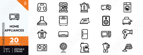 Household appliance line icons featuring kitchen electronics and essential home electric devices for daily use