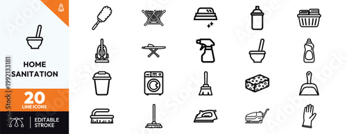 Comprehensive collection of home sanitation and cleaning service icons for professional housekeeping and domestic chores