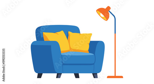 A vibrant blue upholstered armchair with two plush yellow decorative pillows sits elegantly next to a tall orange floor lamp on a pristine background.