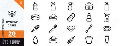 Comprehensive professional set of hygiene and medical healthcare icons featuring essential personal care product items