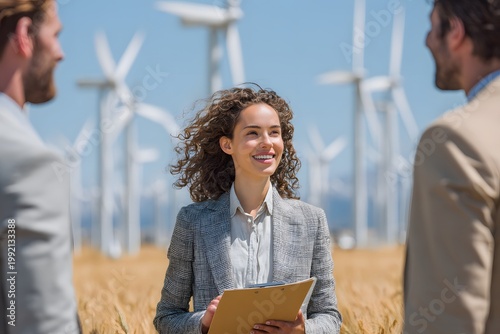 business people discussing wind energy investment outdoor scene